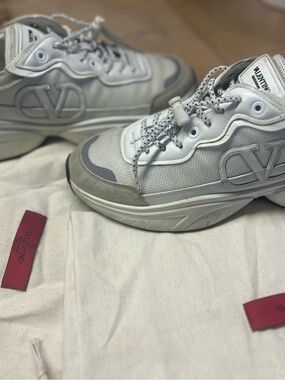Valentino White and Light Gray Chunky Lace-Up Sneakers